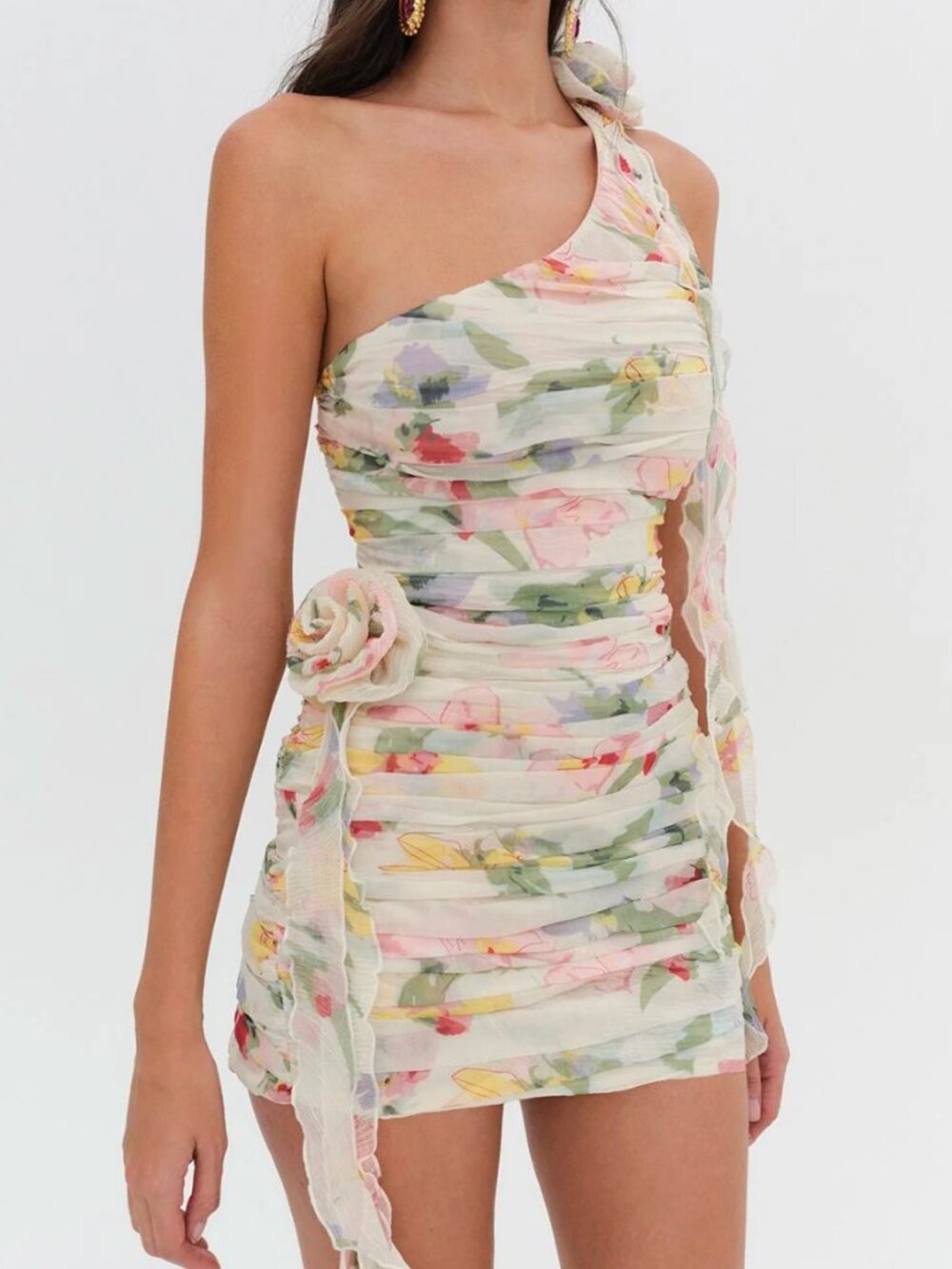 For Love & Lemons Abby One Shoulder Floral Ruched Chiffon Mini Dress M NWT - Picture 4 of 9